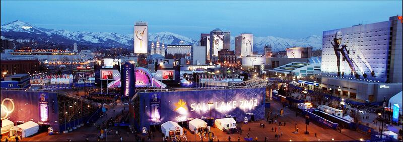 The Salt Lake City skyline is pictured during the 2002 Winter Olympic Games.