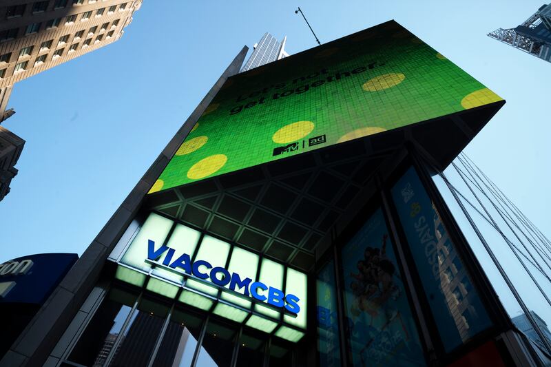 In this Aug. 5, 2020 file photo, the ViacomCBS headquarters is shown in New York’s Times Square. ViacomCBS will rebrand its CBS All Access streaming service as Paramount Plus, set to debut early next year with new original shows. The exact launch date and pricing haven’t been disclosed.