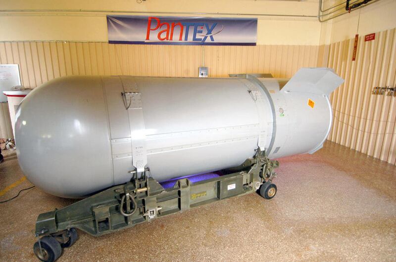 This undated handout photo provided by the National Nuclear Security Administration shows the United States' last B53 nuclear bomb. The 10,000-pound bomb is scheduled to be dismantled Tuesday, Oct. 25, 2011 at the Pantex Plant just outside Amarillo, Texa