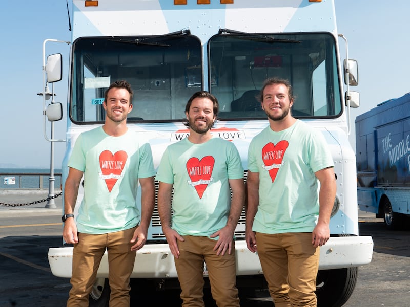 Brothers Steve, Adam and Jared Terry of Utah’s Waffle Love pose for a photo on location at “The Great Food Truck Race: All Stars.”