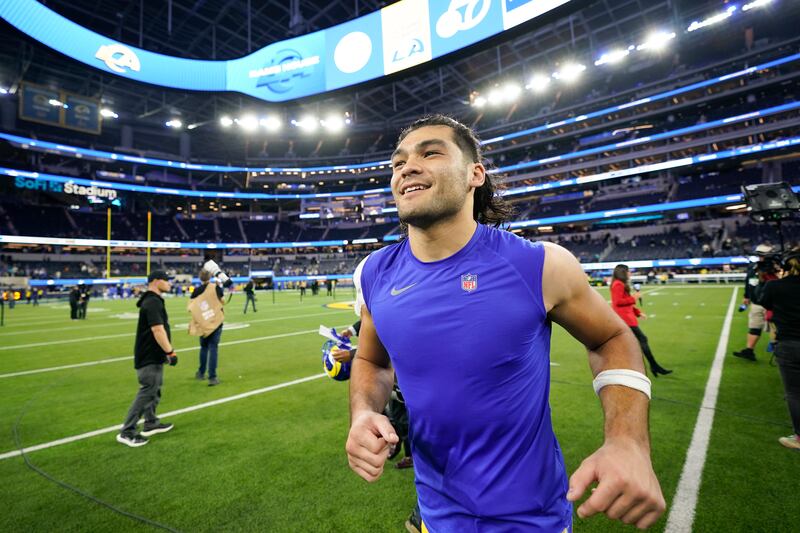 Los Angeles Rams wide receiver Puka Nacua (17) runs off the field after a win over the New Orleans Saints Thursday, Dec. 21, 2023.