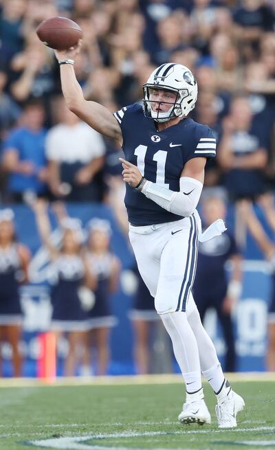 Brigham Young Cougars quarterback Zach Wilson (11) throws in Provo on Saturday, Sept. 22, 2018. BYU won 30-3.