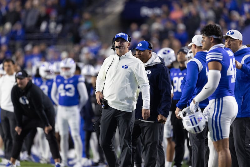 BYU tight ends coach Kevin Gilbride looks on from the sidelines in Provo. Gilbride's tight ends have come up big for the Cougars during their 4-0 start to the season.