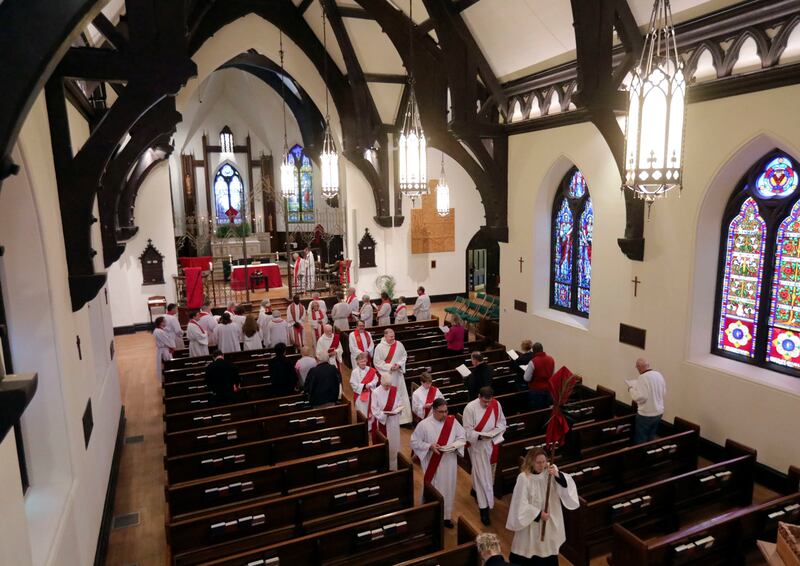 Clergy leave after the Holy Eucharist with Consecration of Chrism and Renewal of Vows service at the Cathedral Church of St. Mark in Salt Lake City on Tuesday, April 16, 2019.