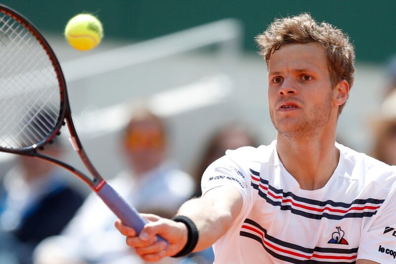 Germany's Yannick Hanfmann plays a shot against Spain's Rafael Nadal during their first round match of the French Open tennis tournament at the Roland Garros stadium in Paris, Monday, May 27, 2019. (AP Photo/Pavel Golovkin)
