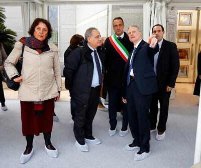 Elder David A. Bednar of the Quorum of the Twelve Apostles of The Church of Jesus Christ of Latter-day Saints talks about features of the Rome Italy Temple grounds on Monday, Jan. 14, 2019. Third from right is President Marcello De Vito of the Rome City C