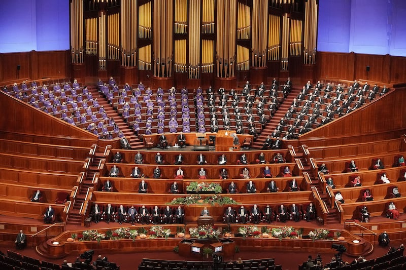 A session of the October 2021 general conference of The Church of Jesus Christ of Latter-day Saints is shown.