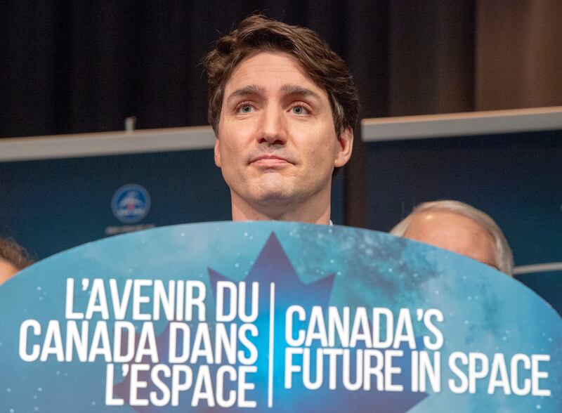 Canada's Prime Minister Justin Trudeau announces during a news conference, Thursday, Feb. 28, 2019, at the Canadian Space Agency headquarters in St. Hubert, Quebec, that Canada will take part in an international lunar space station project. (Ryan Remiorz/