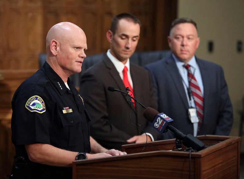 Provo Police Chief Rich Ferguson talks about the Belen Perez homicide investigation and suspect Jerad Gourdin during a press conference in the Provo City Council chambers on Monday, Aug. 20, 2018. Behind him are deputy Utah County attorney Lance Bastian a