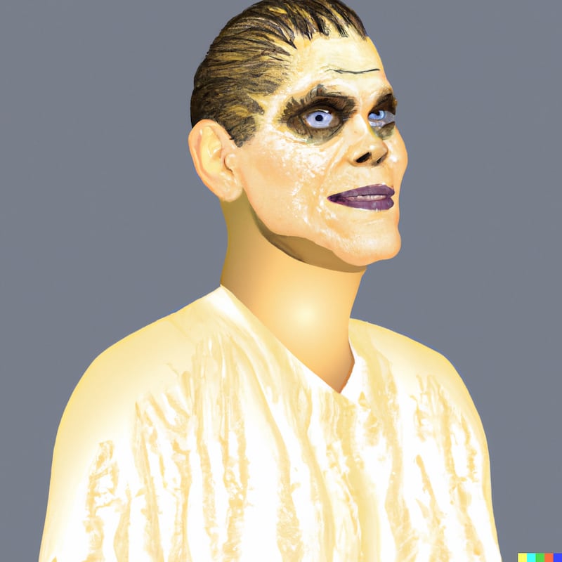 “An 8-foot-tall reanimated man with yellow skin, white watery eyes and straight black lips, realistic.”
