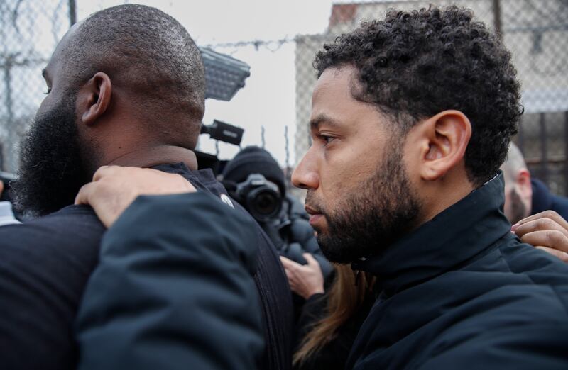 "Empire" actor Jussie Smollett leaves Cook County jail following his release, Thursday, Feb. 21, 2019, in Chicago. Smollett was charged with disorderly conduct and filling a false police report when he said he was attacked in downtown Chicago by two men w