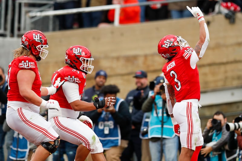 Utah running back Ja’Quinden Jackson (3) celebrates after scoring a touchdown while playing the Penn State Nittany Lions in the 109th Rose Bowl.