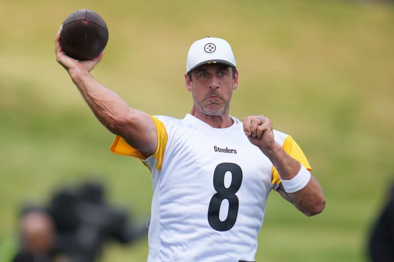 Pittsburgh Steelers quarterback Aaron Rodgers runs a drill during the team's training camp in Latrobe, Pa., Thursday, July 24, 2025.