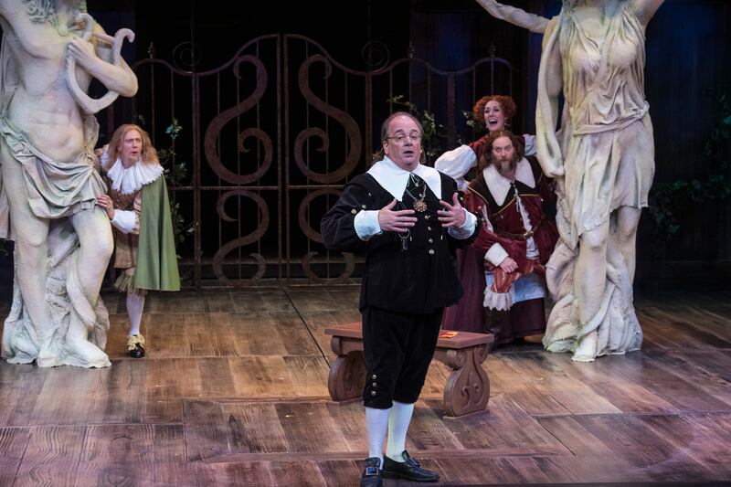 Josh Jeffers (left) as Sir Andrew Aguecheek, Chris Mixon as Malvolio, Katie Cunningham as Maria and Todd Denning as Sir Toby Belch in the Utah Shakespeare Festival’s 2019 production of "Twelfth Night.