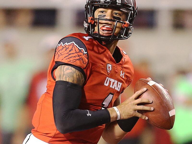 Utah Utes quarterback Kendal Thompson (1) looks to pass as Utah and Utah State play Friday, Sept. 11, 2015, at Rice Eccles Stadium in Salt Lake City.