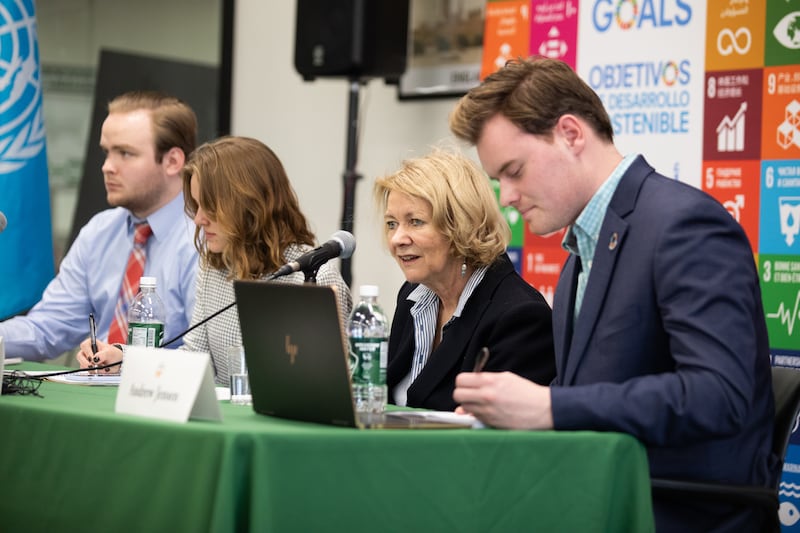 Alison Smale, United Nations undersecretary-general for global communications, center right, addresses students at Utah Valley University in Orem, Utah, on Friday, March 29, 2019, ahead of the 68th United Nations Civil Society Conference.