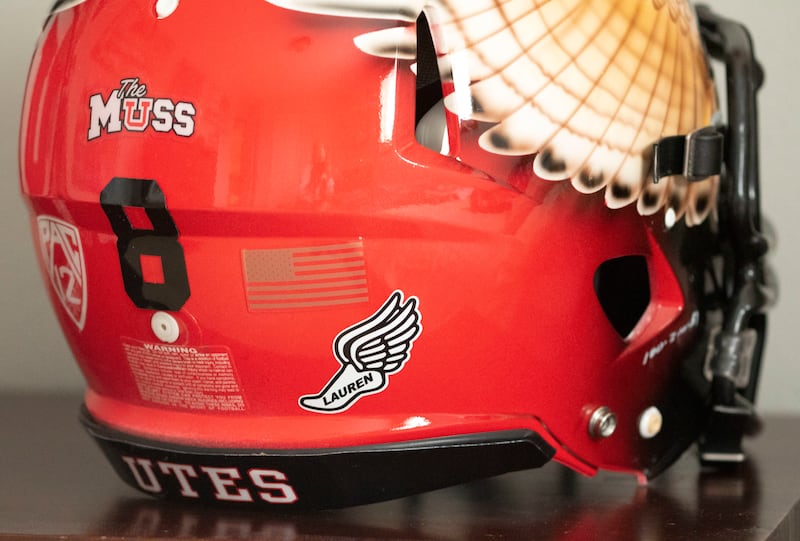 On display in the home of Matt and Jill McCluskey in Pullman, Wash., is a University of Utah football helmet with the decal "Lauren" that was placed on the team helmets after their daughter Lauren was murdered in October of 2018 on the University of Utah
