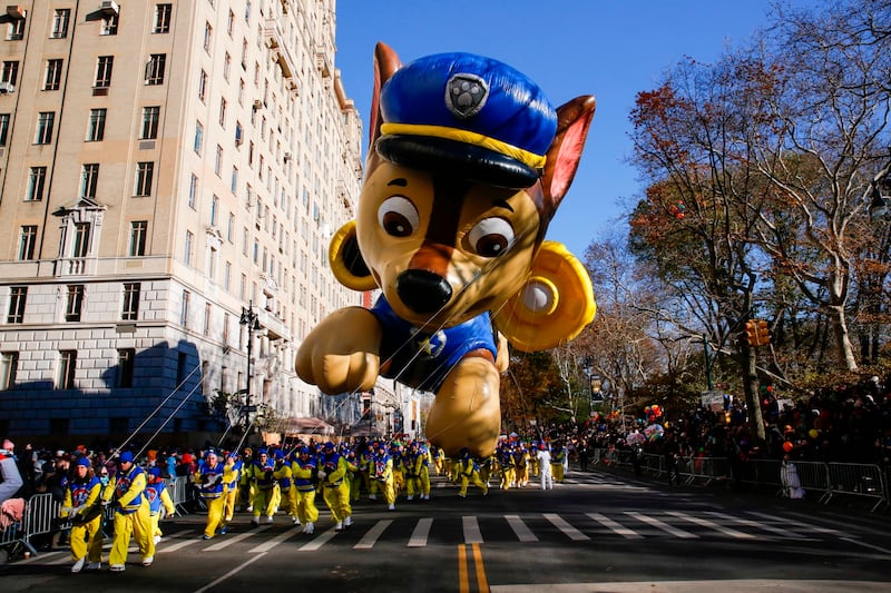 A “PAW Patrol” balloon floats over Central Park West during the 92nd annual Macy’s Thanksgiving Day Parade in New York, Thursday, Nov. 22, 2018. (AP Photo/Eduardo Munoz Alvarez)