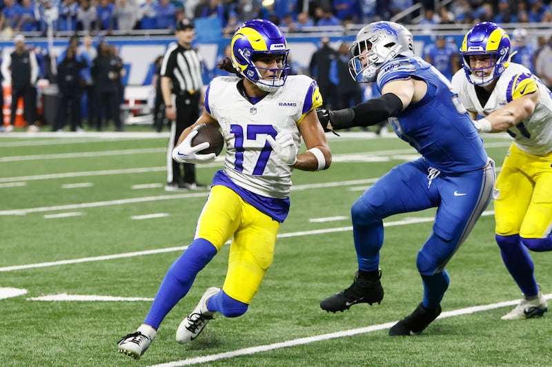 Los Angeles Rams wide receiver Puka Nacua (17) rushes during the second half of a game against the Detroit Lions, Sunday, Jan. 14, 2024.