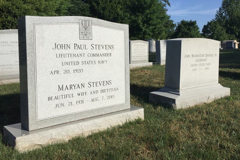 The headstone for retired Supreme Court Justice John Paul Stevens is seen, Wednesday, July 17, 2019 at Arlington National Cemetery in Arlington, VA. Arlington National Cemetery has known for years that it would be the final resting place of retired Suprem