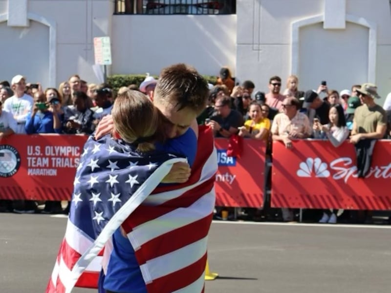 Conner and Kylie Mantz after Conner qualified at the Olympic Marathon Trials in Orlando, Florida, earlier this year.