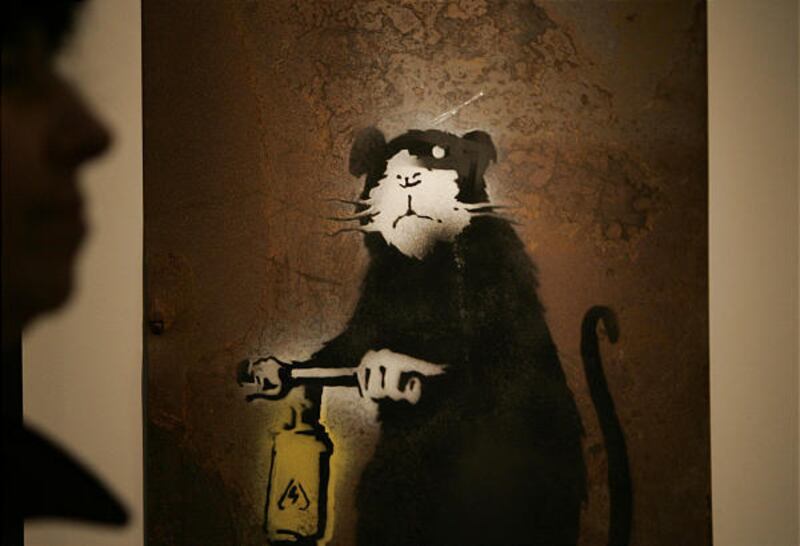 Banksy's "Rat With a Drill" is on display at a London gallery.