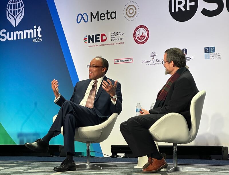 Elder Ahmad S. Corbitt, left, speaks with Shaykh Hamza Yusuf, president of Zaytuna College at IRF Summit 2025 on Feb. 4, 2025.