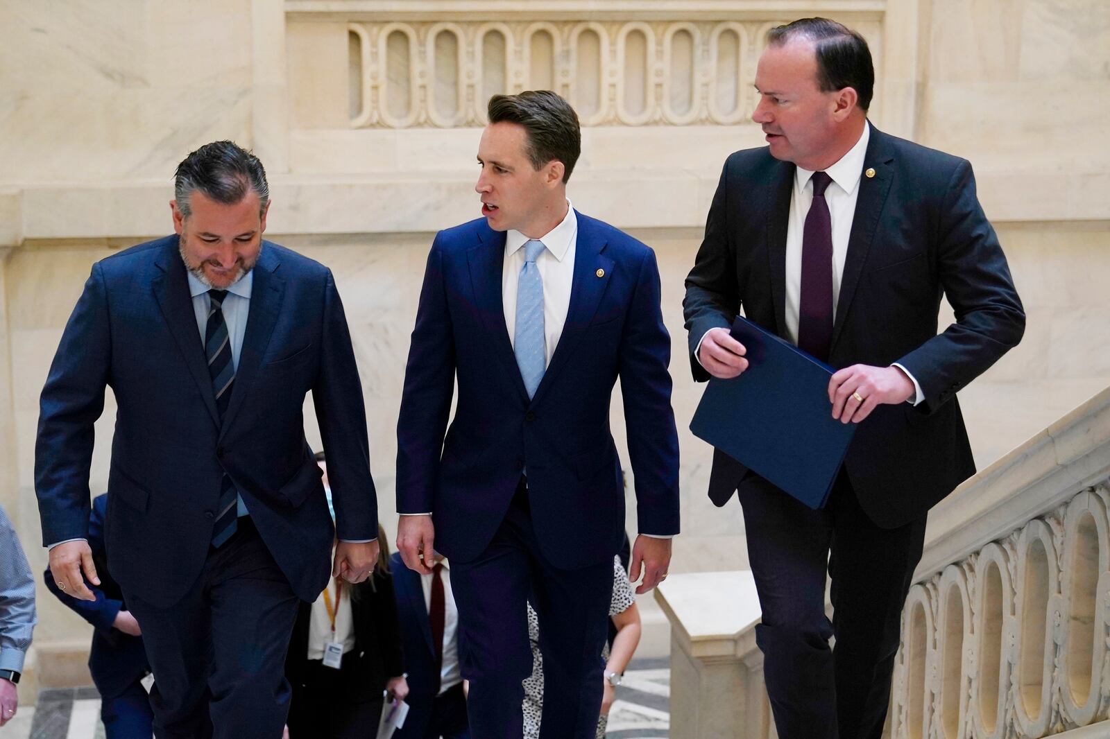 Sens. Ted Cruz, R-Texas, Josh Hawley, R-Mo., and Mike Lee, R-Utah, arrive for a news conference on in Washington.