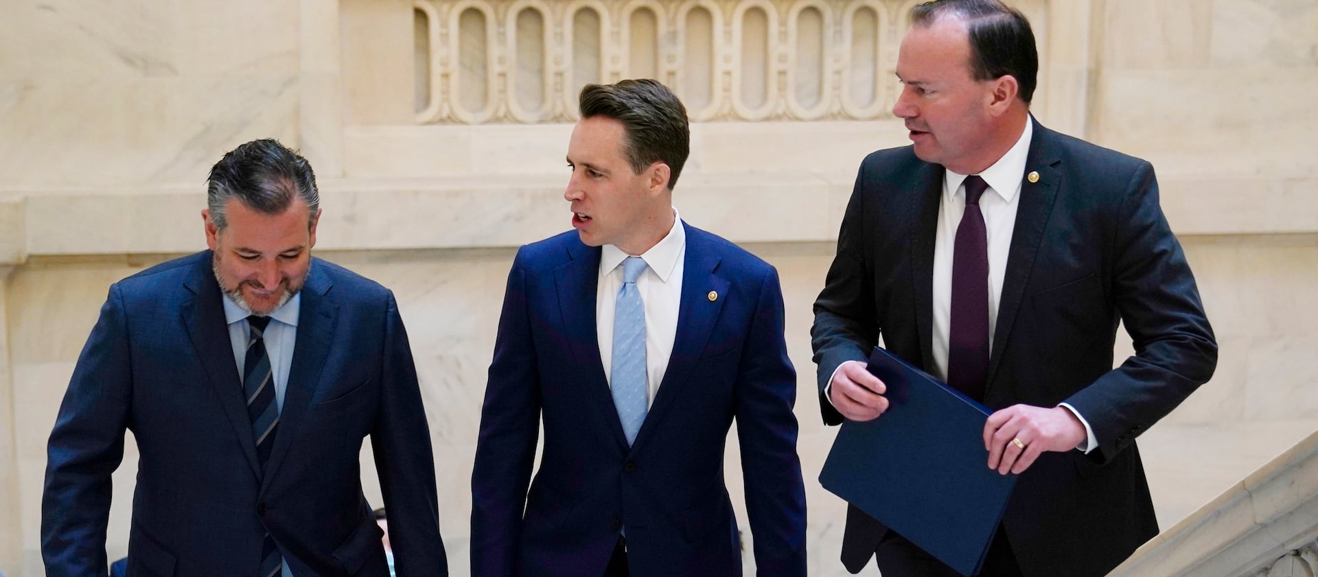 Sens. Ted Cruz, R-Texas, Josh Hawley, R-Mo., and Mike Lee, R-Utah, arrive for a news conference on in Washington.