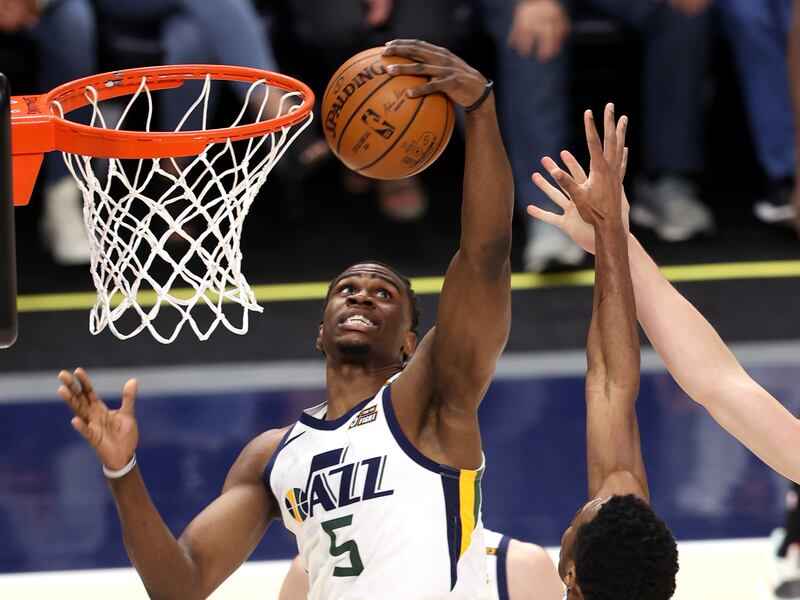 Utah Jazz forward Jarrell Brantley snags a rebound against the Spurs at Vivint Arena in Salt Lake City on May 5, 2021.