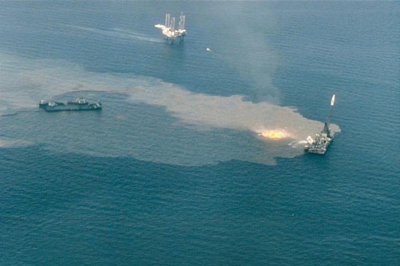 In this undated aerial photo released by the National Oceanic and Atmospheric Administration, a fire burns near the Ixtoc exploratory well that blew out on June 3, 1979 in the Bay of Campeche, off Ciudad del Carmen, Mexico.