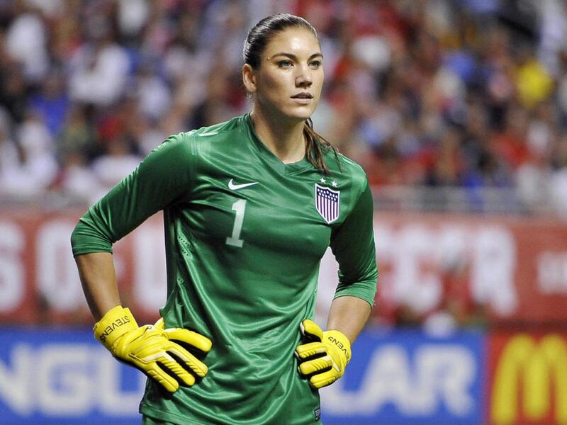 In this Oct. 20, 2013, file photo, United States goalkeeper Hope Solo pauses on the field during the second half of an international friendly women’s soccer match against Australia in San Antonio.
