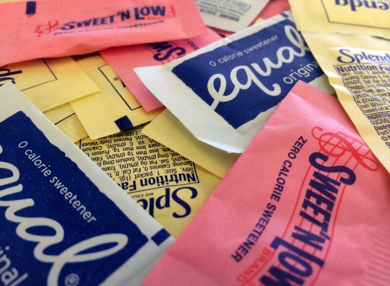 Artificial sweeteners are displayed, on Wednesday, Sept. 17, 2014, in New York.