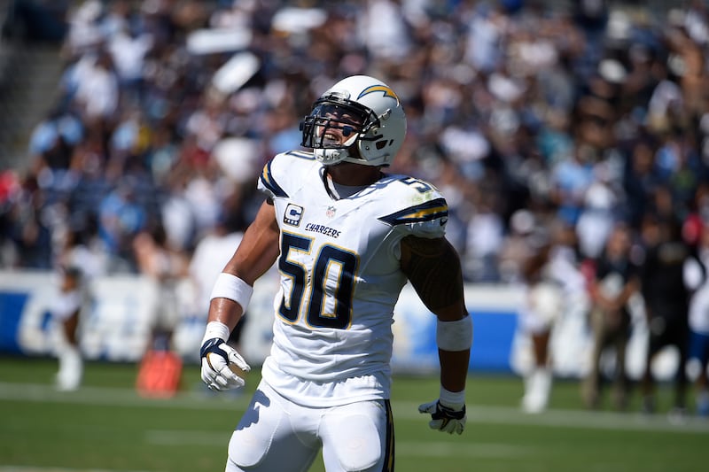San Diego Chargers inside linebacker Manti Te'o reacts during the first half of an NFL football game against the Jacksonville Jaguars Sunday, Sept. 18, 2016, in San Diego. (AP Photo/Denis Poroy)