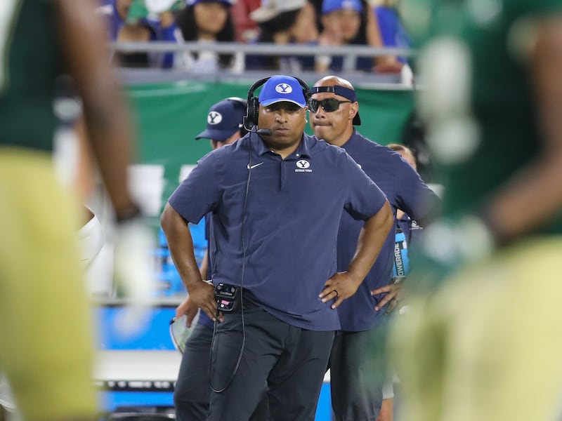 BYU head coach Kalani Sitake watches from the sideline during BYU’s season opener against USF in Tampa.
