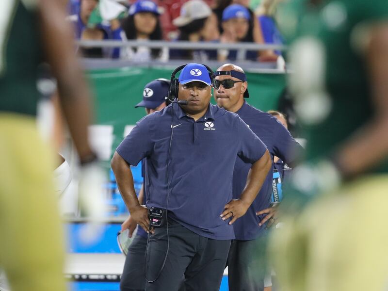 BYU head coach Kalani Sitake watches from the sideline during BYU’s season opener against USF in Tampa.