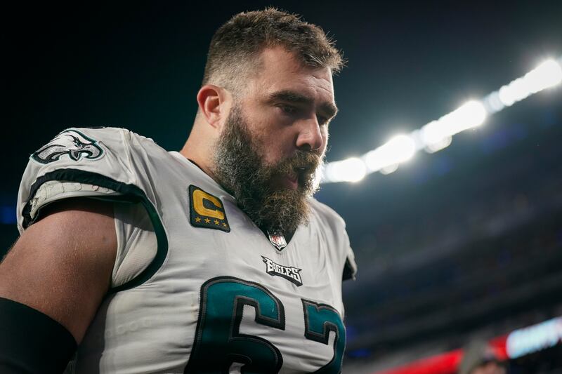 Philadelphia Eagles center Jason Kelce (62) walks off the field after an NFL football game against the New York Giants, Sunday, Jan. 8, 2024.