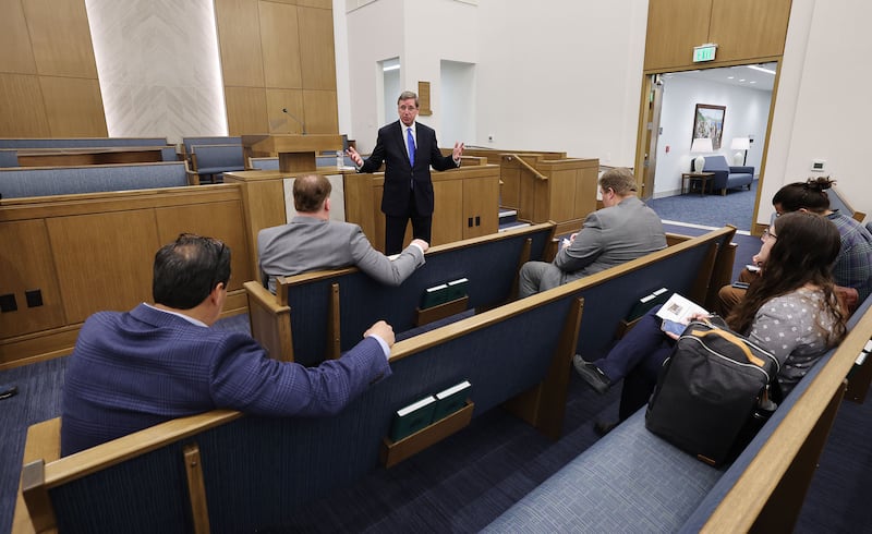 Elder Kevin W. Pearson, General Authority Seventy of The Church of Jesus Christ of Latter-day Saints, talks with news media.