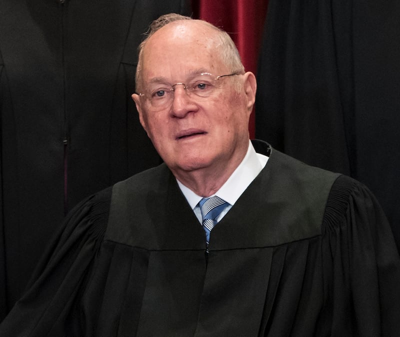 FILE - In this June 1, 2017, file photo, Supreme CourtAssociate Justice Anthony M. Kennedy joins other justices of the U.S. Supreme Court for an official group portrait at the Supreme Court Building in Washington. The 81-year-old Kennedy said Tuesday, Jun