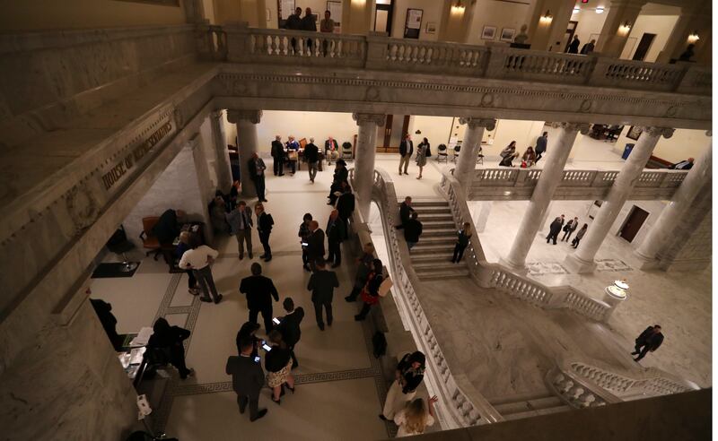 Lobbyists and members of the public wait outside the House of Representatives on the final day at the 2019 Legislature at the Capitol in Salt Lake City on Thursday, March 14, 2019.