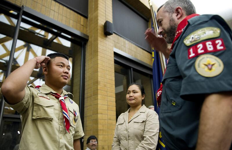FILE - Scout Aye Kyi receives his Eagle Scout rank, the highest rank in scouting, during a Court of Honor ceremony at Camp Tracy Lodge in Salt Lake City on Thursday, Sept. 28, 2016.