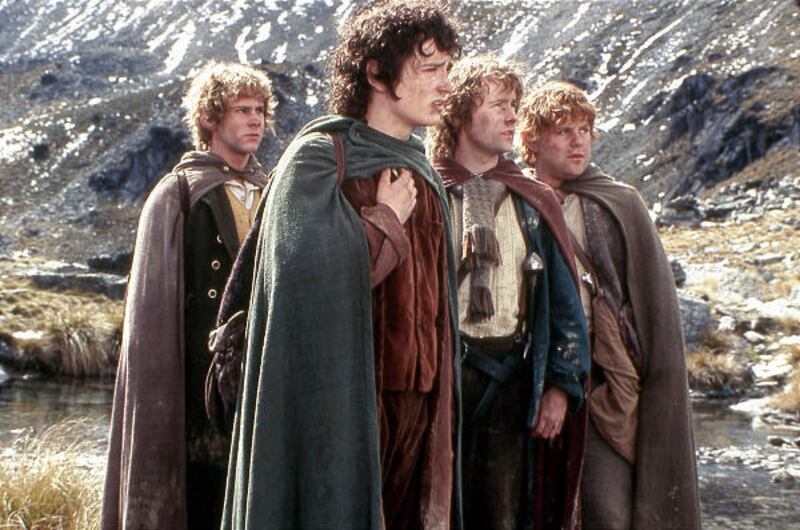 From left, Dominic Monaghan, Elijah Wood, Billy Boyd and Sean Astin as hobbits in Peter Jackson and New Line Cinema’s film “The Lord of the Rings: Fellowship of the Ring.”