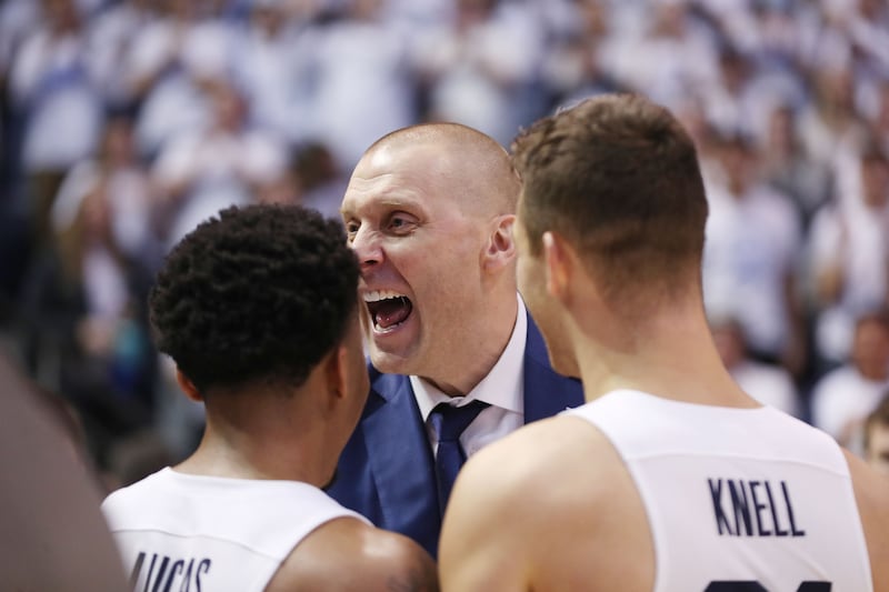 BYU coach Mark Pope celebrates the win over Saint Mary’s in Provo on Saturday, Jan. 8, 2022.