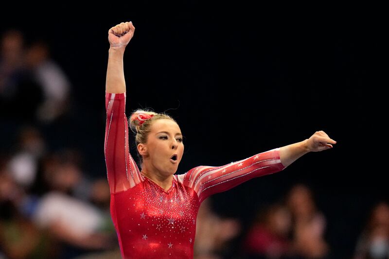 MyKayla Skinner celebrates her performance on the balance beam during the women’s U.S. Olympic Gymnastics Trials.