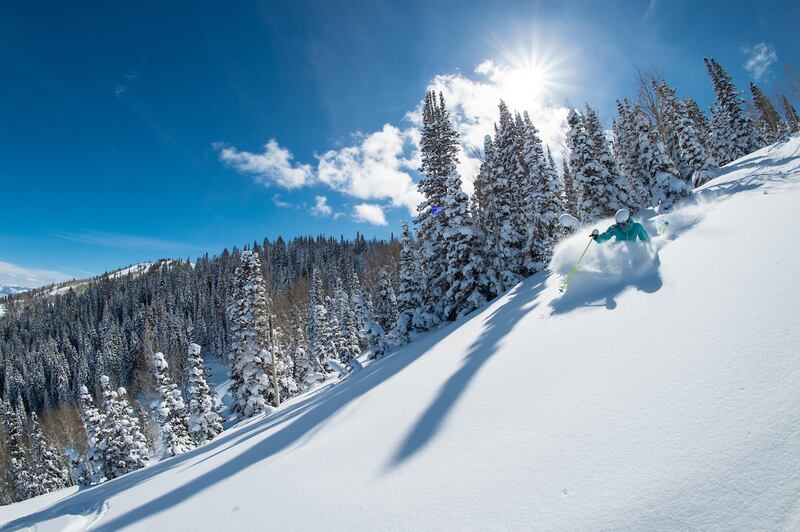 Amie Engerbretson skiing down a snow covered slope through powder snow in the winter at Deer Valley Ski Resort, Utah