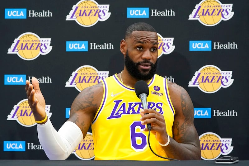 Los Angeles Lakers forward LeBron James fields questions.