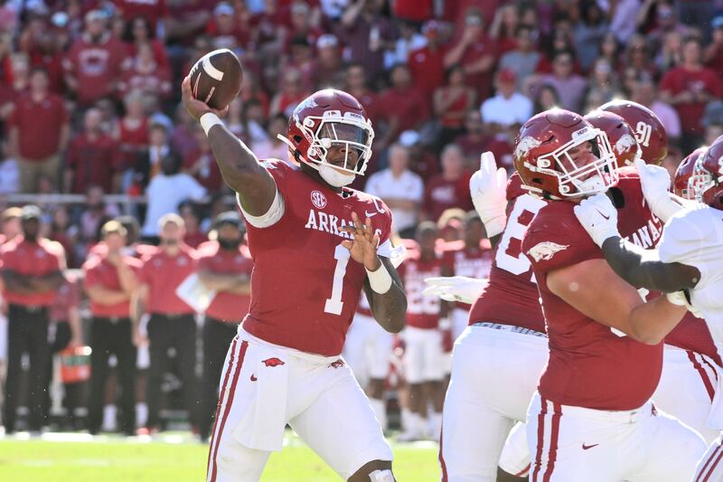 Arkansas quarterback KJ Jefferson drops back to pass against Alabama Saturday, Oct. 1, 2022, in Fayetteville, Ark.