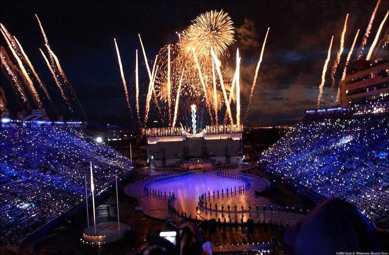 FILE - Fireworks explode during the 2002 Winter Olympic Games closing ceremony Sunday, Feb 24, 2002 at Rice-Eccles Stadium.