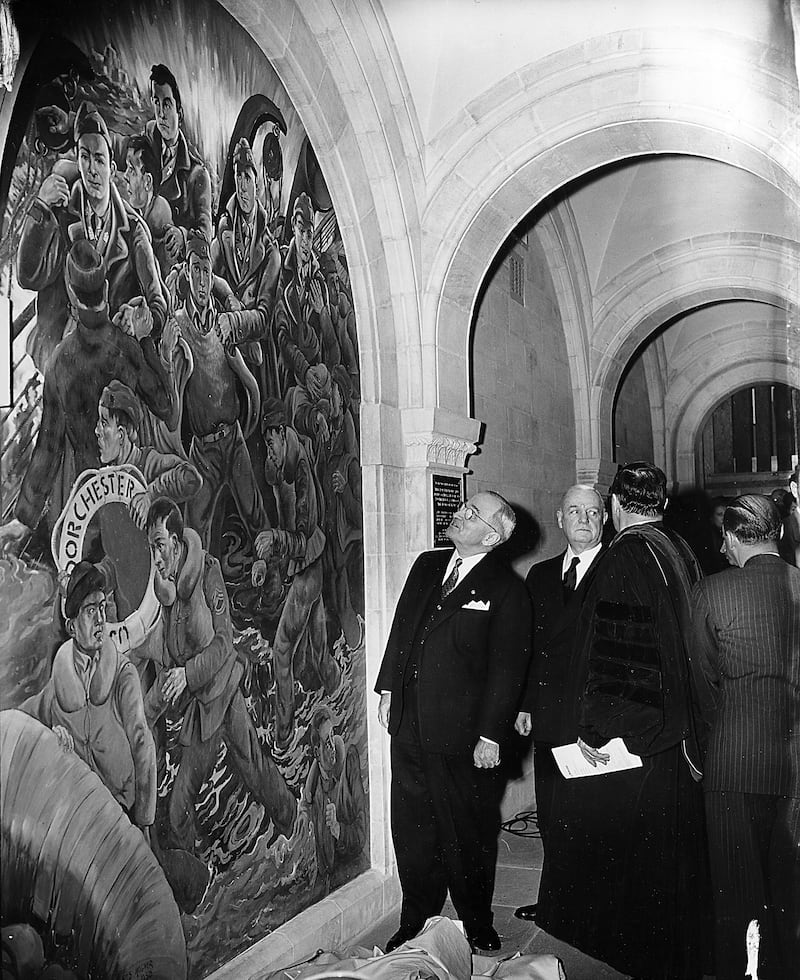 U.S. President Harry Truman looks at a mural before a brief ceremony to dedicate the Four Chaplains Chapel, located in lower church of the Baptist Temple of Philadelphia, Pa., Feb. 3, 1951.