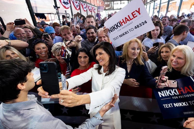 Republican presidential candidate Nikki Haley greets supporters after her speech Feb. 15, 2023, in Charleston, S.C.